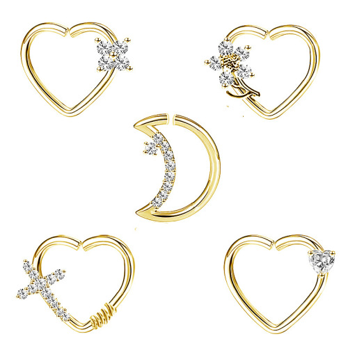 Elegant European and American creative piercing earrings with zirconia and diamonds, heart-shaped moon nose ring, nose ornament piercing jewelry set