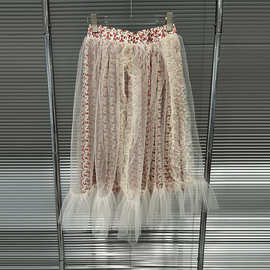 泰国潮牌超好看温柔风韩版浪漫印花蕾丝拼接网纱A字摆半身裙女士