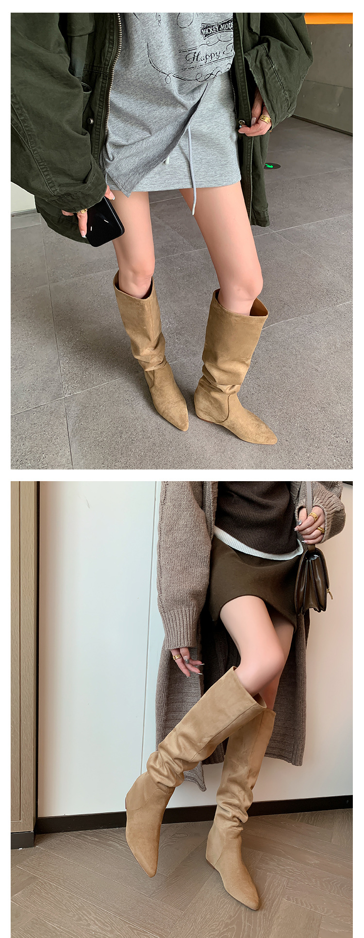 Boot nữ cao cổ mũi nhọn tăng chiều cao đế xuồng da lộn thu đông 2025 — Lớp lót đơn màu mơ, Lớp lót nhung đen, Lớp lót nhung màu mơ, Nhung nâu chi tiết 14