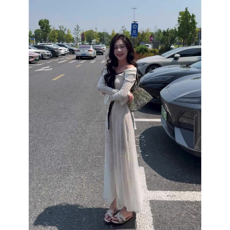 法式气质一字肩针织长袖连衣裙子女秋季2025新款修身显瘦包臀长裙|undefined