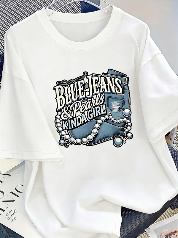 Blue Jeans and Pearl Pattern T-Shirt - Casual Women's T-Shirt, Denim-Inspired Pearl Print, Round Neck Blue Jeans and Pearl Pattern T-Shirt - Casual Women's T-Shirt, Denim-Inspired Pearl Print, Round Neck