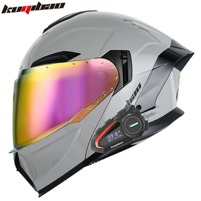 Motosiklet kaskı (dəbilqə) — 3C Certified Full-Face Helmet - bright-cement-gray-with-k20-bluetooth-with-red-plating-m