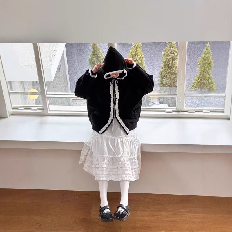 heyjude South Korea East Gate 2025 Spring New Lace Edge Hooded Sweater Jacket