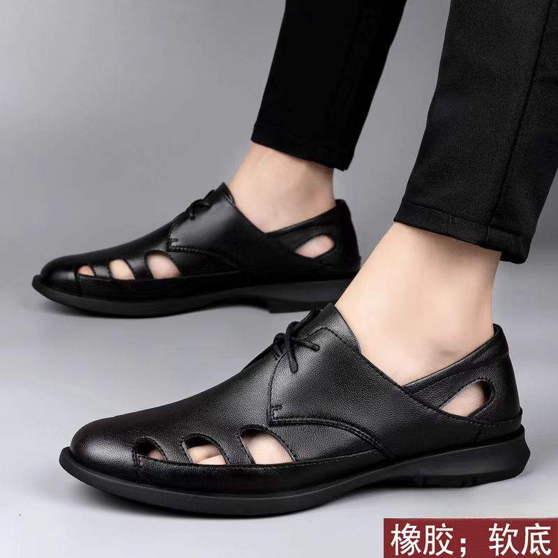 Special Clearance New Men's Leather Sandals Summer Breathable Leather Shoes Middle-Aged and Elderly Soft-Soled Dad's Hole Shoes Cut Out