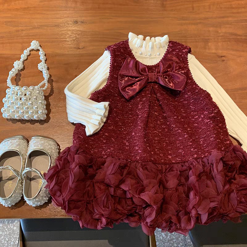 Jubileo vestido de la princesa de las niñas, vestido de aniversario, nuevo chaleco de invierno de mujeres, vestido de lana, vestido de Año Nuevo rojo