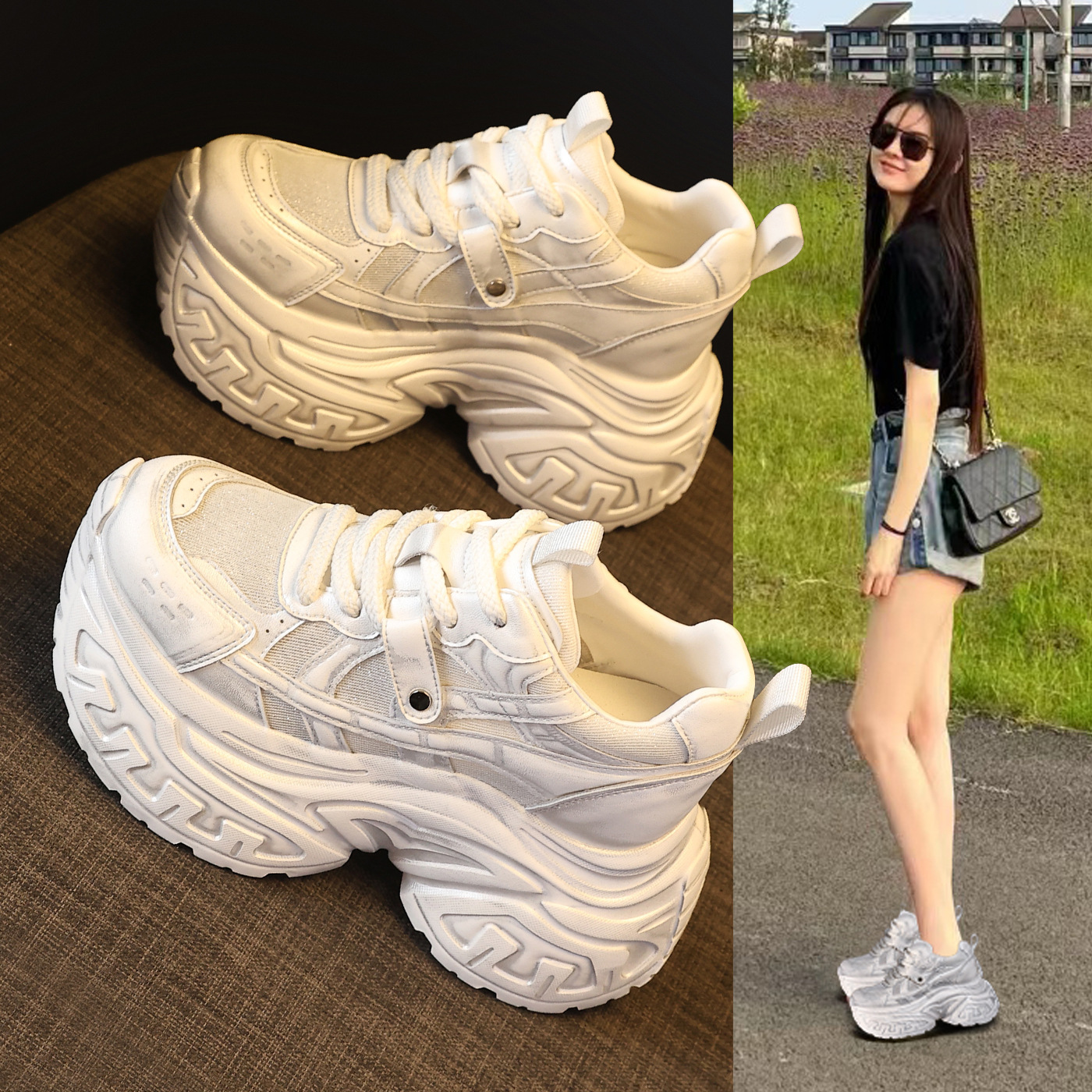 Giày sneaker nữ đế dày tăng chiều cao lưới thoáng khí phong cách daddy — Bạc trắng