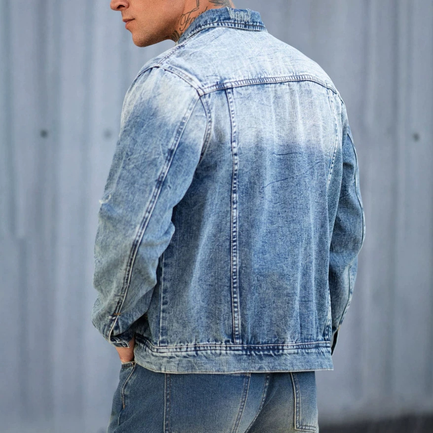 Men's Clothing Heavy Duty Denim Jacket Trendy Brand Pleated Gradient High Street Style Slight Stretch Outerwear_voghion.com