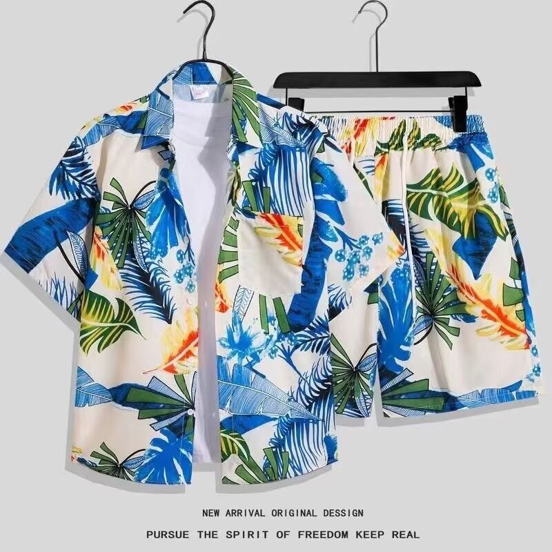 Hawaii Seaside Ice Silk Pink Shirt Suit for Men and Women Summer Thin Quick-Drying Beach Shorts Casual Two-Piece Set