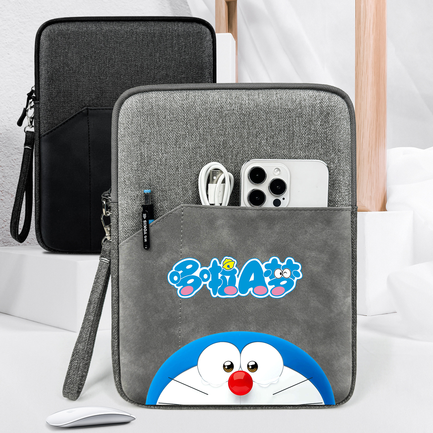 Tablet bag, iPad storage bag, fleece-lined shockproof protective case, cartoon pattern inner bag, lightweight and portable