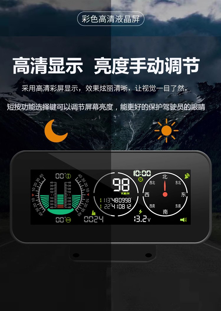 Car Hud Head-Up Display Universal Gps Speedometer Altitude Compass Off-Road Slope Meter Hd