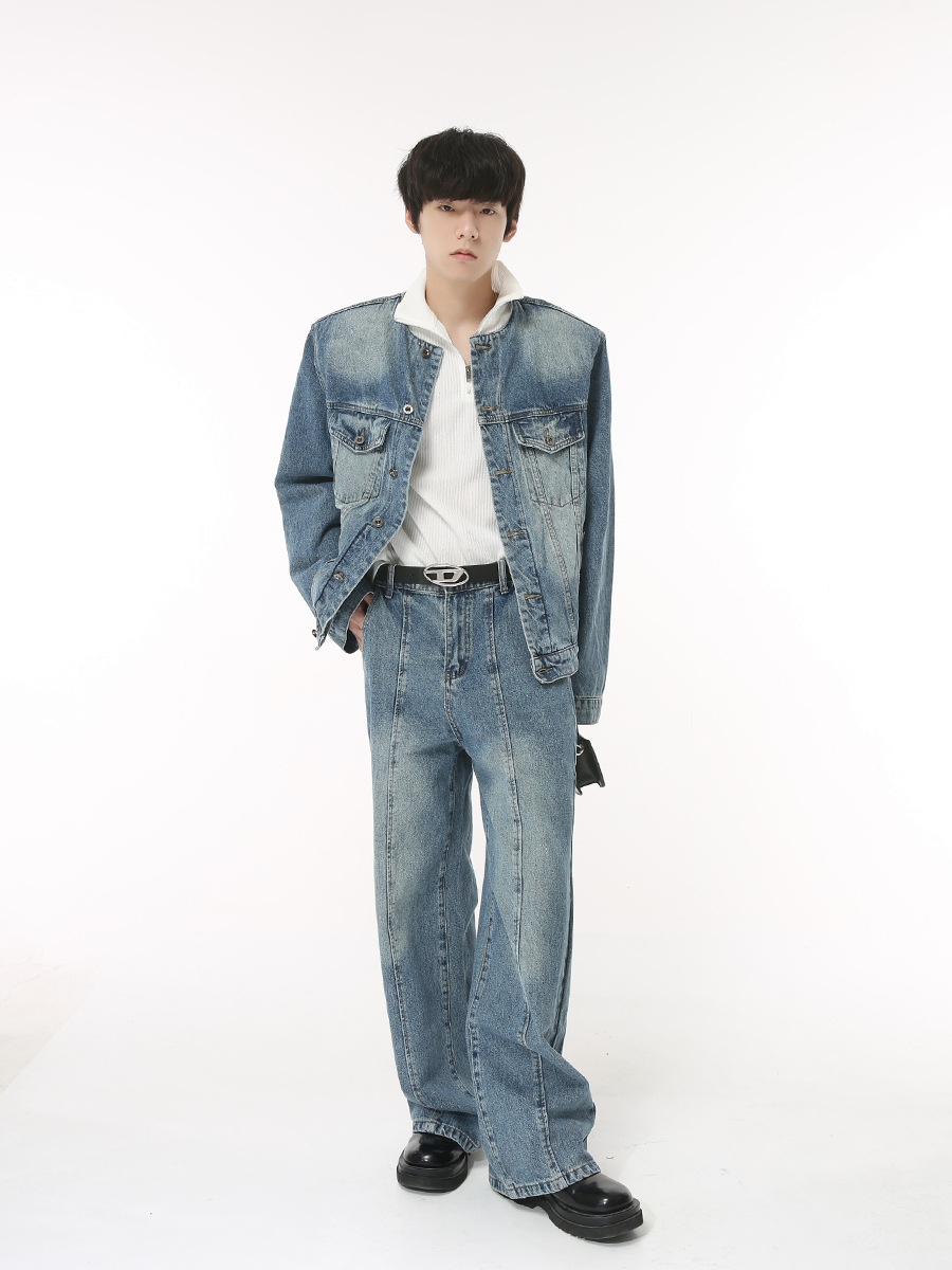 Mtlclothes ropa de Hombre | 2023 nuevo hombro pad sin cuello Denim chaqueta costura pantalones ins traje