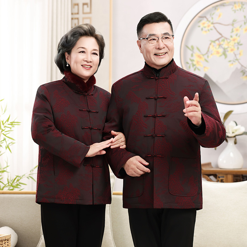 中国风唐装父母装秋冬羽绒可脱卸套装爷爷奶奶老人生日过寿喜庆