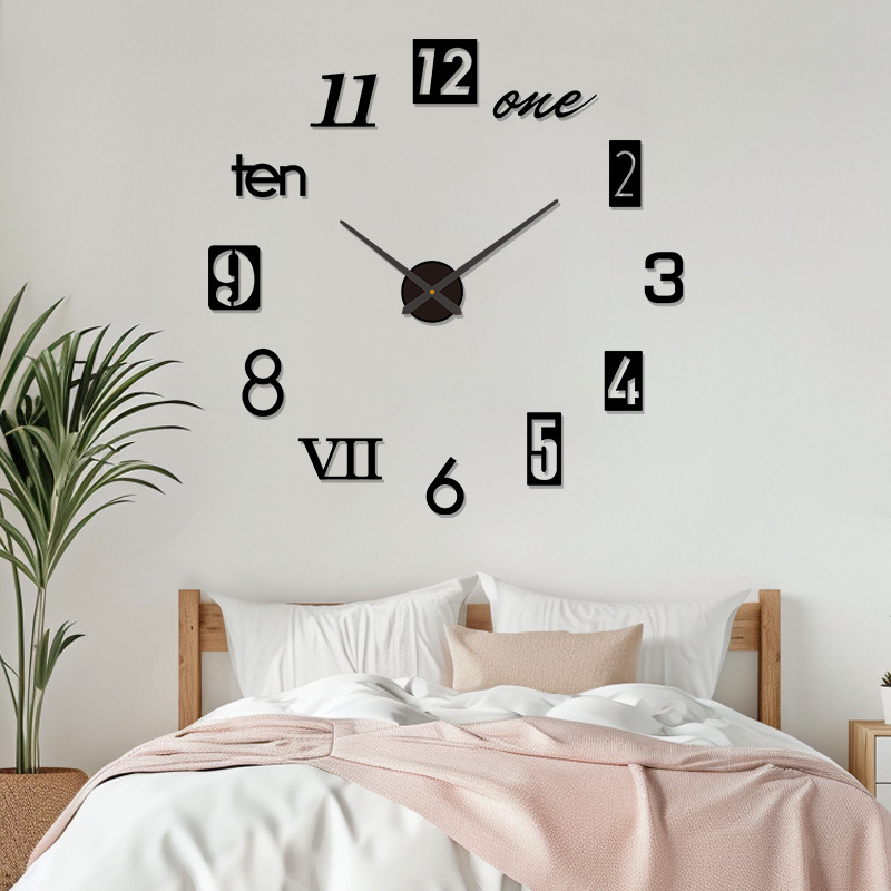 简约免打孔客厅挂钟diy个性卧室时钟静音数字钟表装饰墙贴钟极简