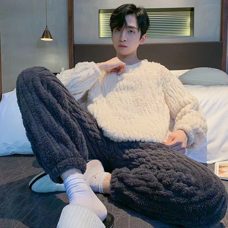 어린 학생들을위한 두꺼운 산호 양털 남자 잠옷 둥근 목 가을과 겨울 플란넬 플러스 사이즈 홈 세트