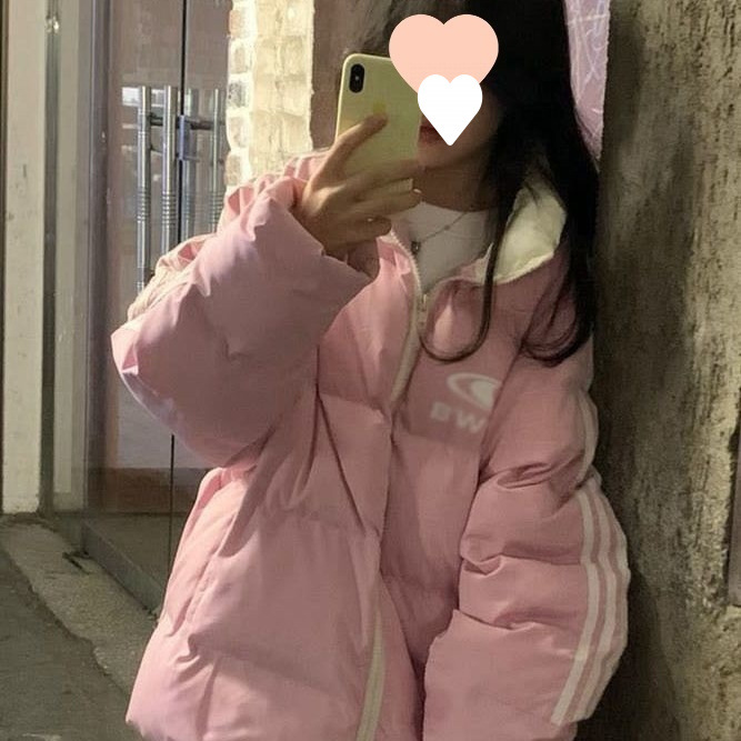 韩版甜美风印花粉色棉服外套女冬季新款学生拼接条纹保暖面包服潮