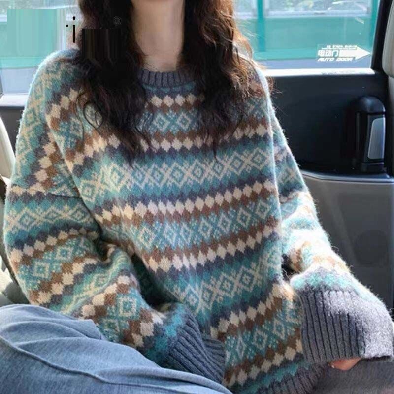 2026 Autumn and Winter New Korean Style Loose Diamond-Patterned Sweater for Women, Unique Design, Retro Casual Lazy Style