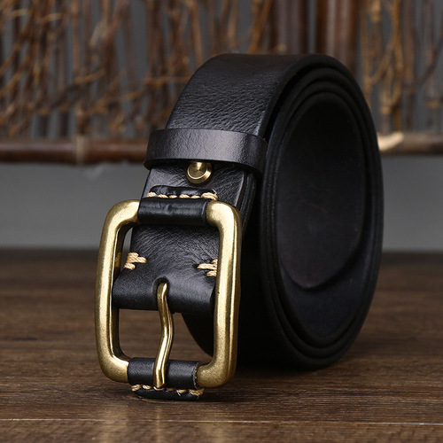 Men's Korean-style minimalist fashion belt: Vintage copper-buckle design, crafted from premium full-grain genuine leather with an aged finish—perfect for trendy denim workwear-inspired jeans!