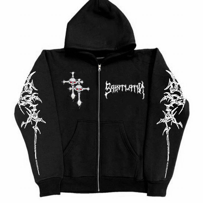 2025 New European and American Style Skull Cross Printed Dark Cardigan Sweater American Y2K Hoodie Jacket for Men