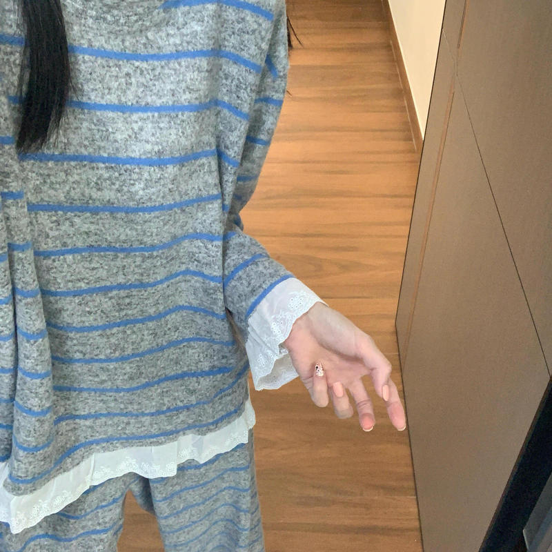 韩系高级感花边条纹德绒睡衣女秋冬2025新款慵懒风大码家居服套装|undefined