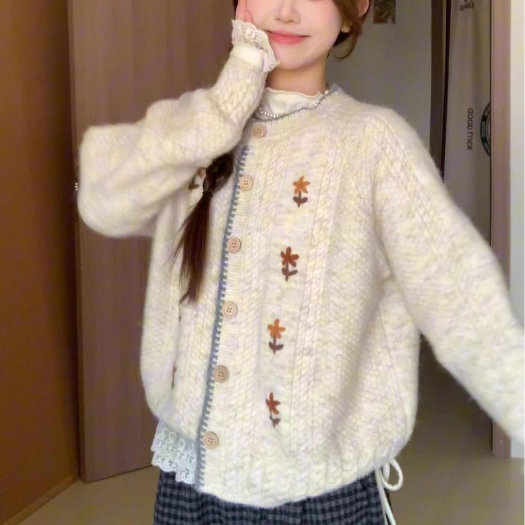 Japanese-Style Soft and High-End Round Neck Floral Knit Cardigan Sweater Jacket for Women, Autumn and Winter Lazy Style Top