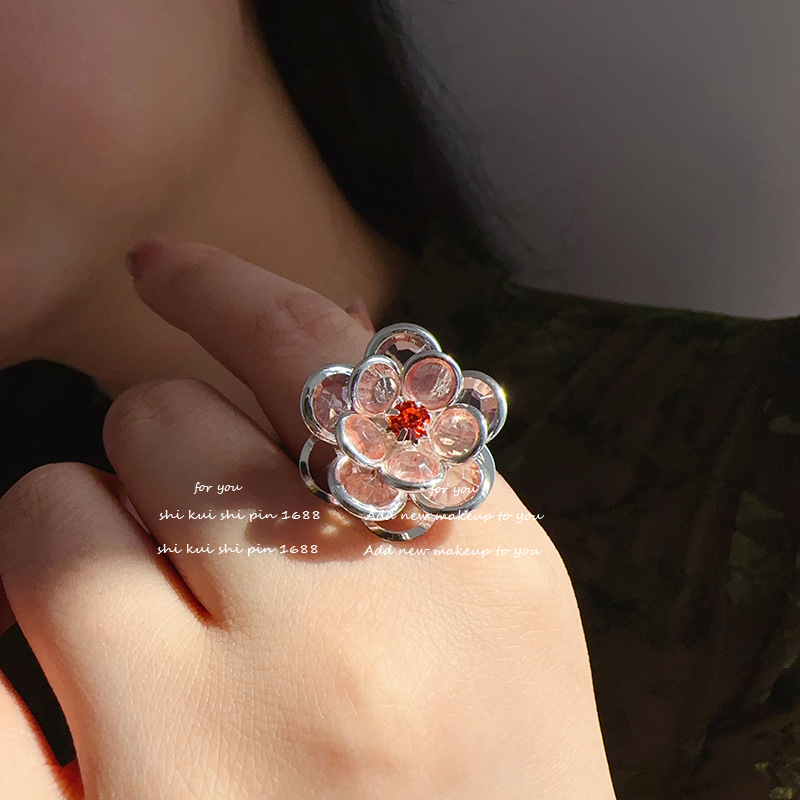Pure dream crystal clear camellia ring women's romantic petty style quality sense opening adjustable ring wholesale
