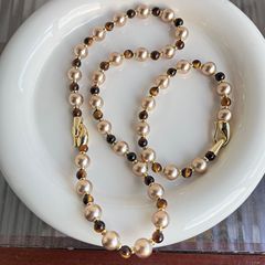 2025秋冬美拉德虎眼石金棕珍珠混彩项链小众毛衣链女锁骨链珍珠链