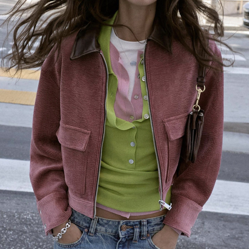 Original European and American Women's Clothing Wholesale Color-Block Leather Collar Retro Corduroy Pink Large Pocket Jacket Coat 2949/024