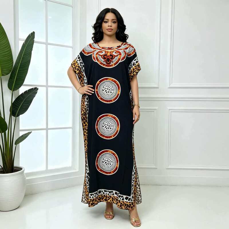 New Cross-Border African Robe with Leopard Print, Round Neck, Loose Fit, Large Robe, Foreign Trade African Plus-Size Women's Dress, Cover-Up