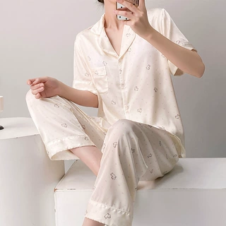 睡衣女春夏季带胸垫冰丝凉感睡衣短袖长裤穿女士家居服冰雪丝套装