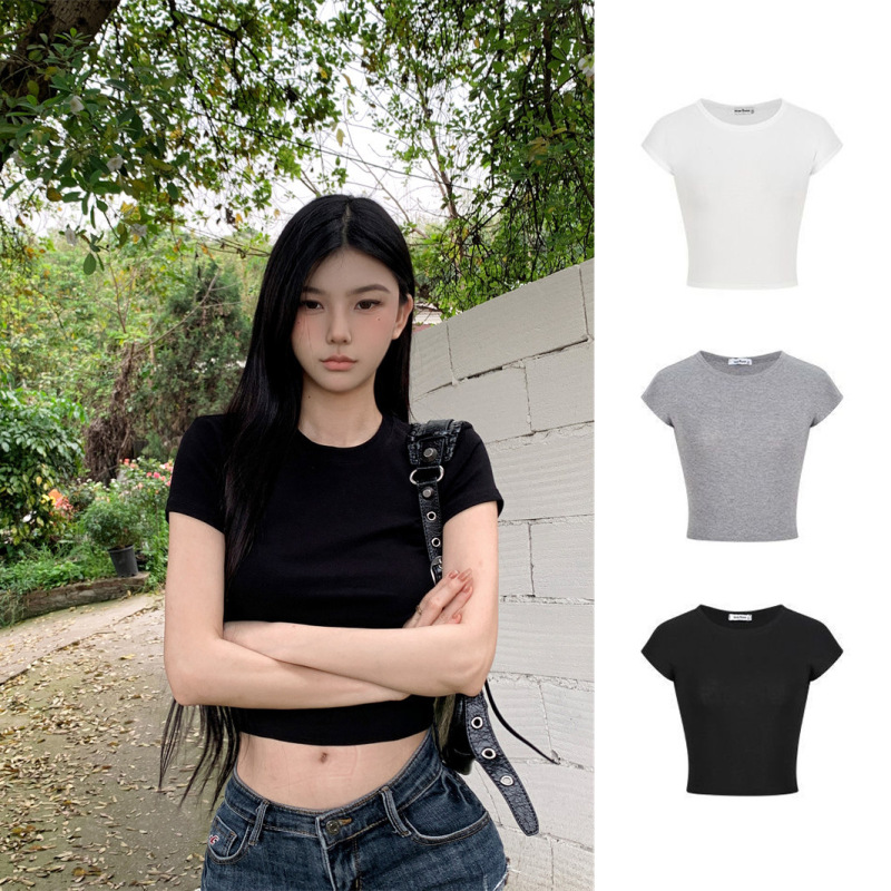 Craftsman-Made Cross-Border Round-Neck, Off-The-Shoulder, Cropped Short-Sleeve T-Shirt for Women, 2025 Summer New Sweet and Spicy Style Foreign Trade Top Trend