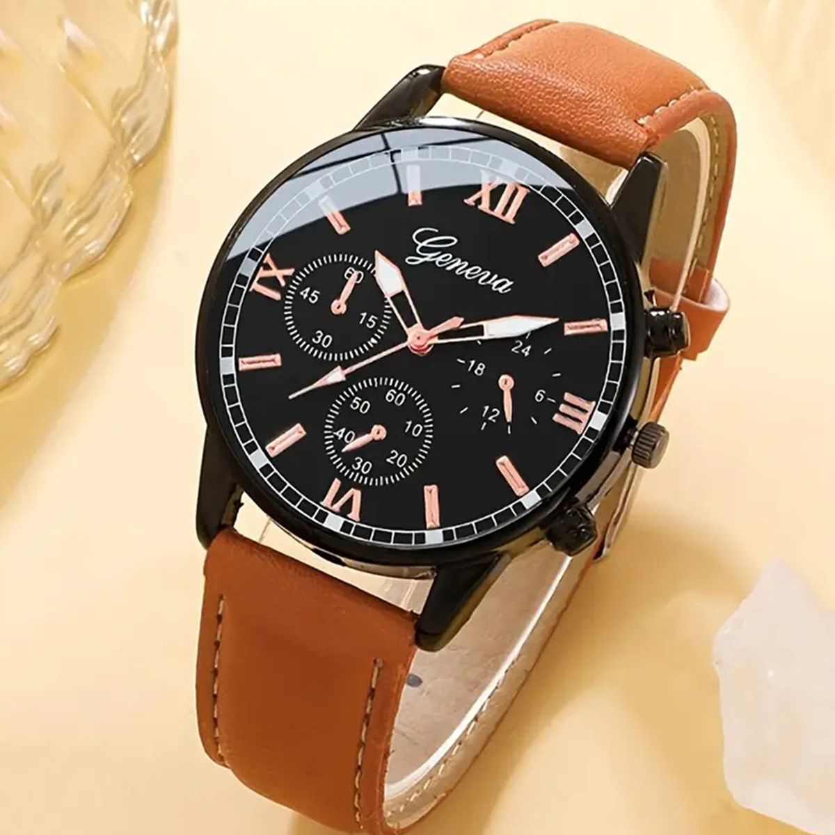 Orologio al quarzo da uomo con tre occhi, tendenza moda business, più bracciale intrecciato, 4 pezzi/set_voghion.com