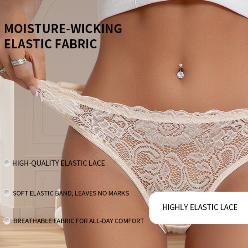 Cross-border sexy lace women's panties, 95% cotton crotch, breathable mid-waist, see-through lace briefs, European and American style