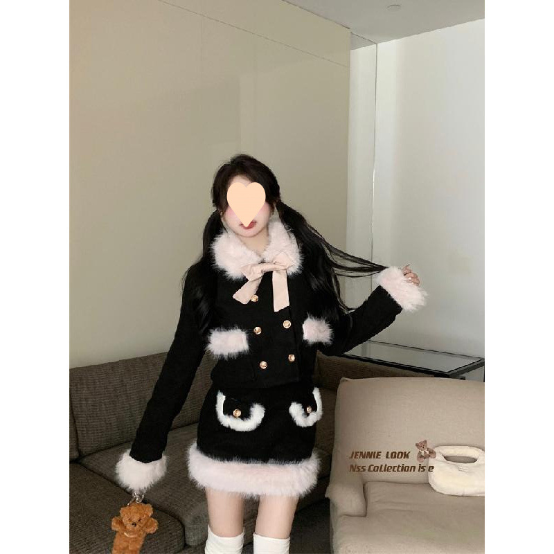 韓劇富家千金套裝小香風黑色毛毛外套女秋冬半身裙氣質名媛兩件套