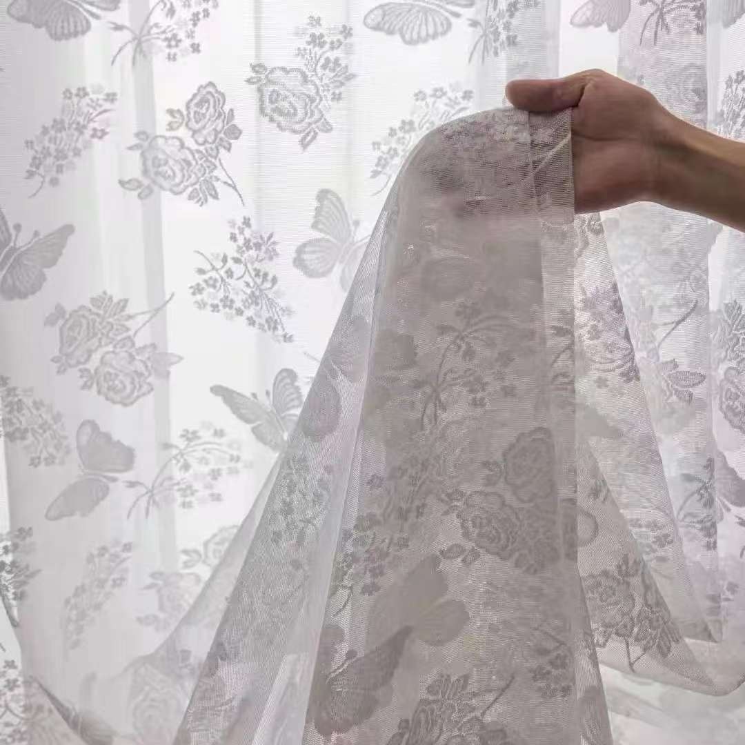 French Lace Pastoral Sheer Curtain Window Screen Light-Transmitting Living Room Bedroom Balcony Finished Bay Window Partition White Butterfly Sheer Curtain