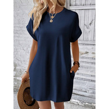 L 73251 Solid Crew Neck Pocket Dress ��ɫԲ��ڴ�����ȹ