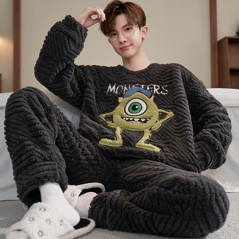 Pijamas de invierno de los hombres de coral de lana engrosada forrada de lana cálido desgaste del hogar traje de dibujos animados de franela Jersey de invierno de los hombres