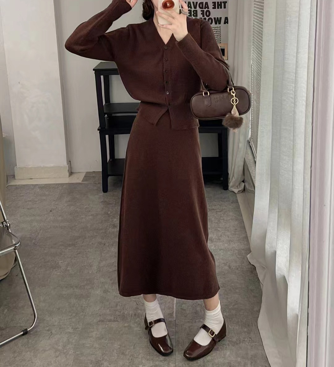 Temperamento piccolo profumo stile due pezzi donna primavera e autunno scollo a V cardigan lavorato a maglia linea A metà corpo lungo_voghion.com