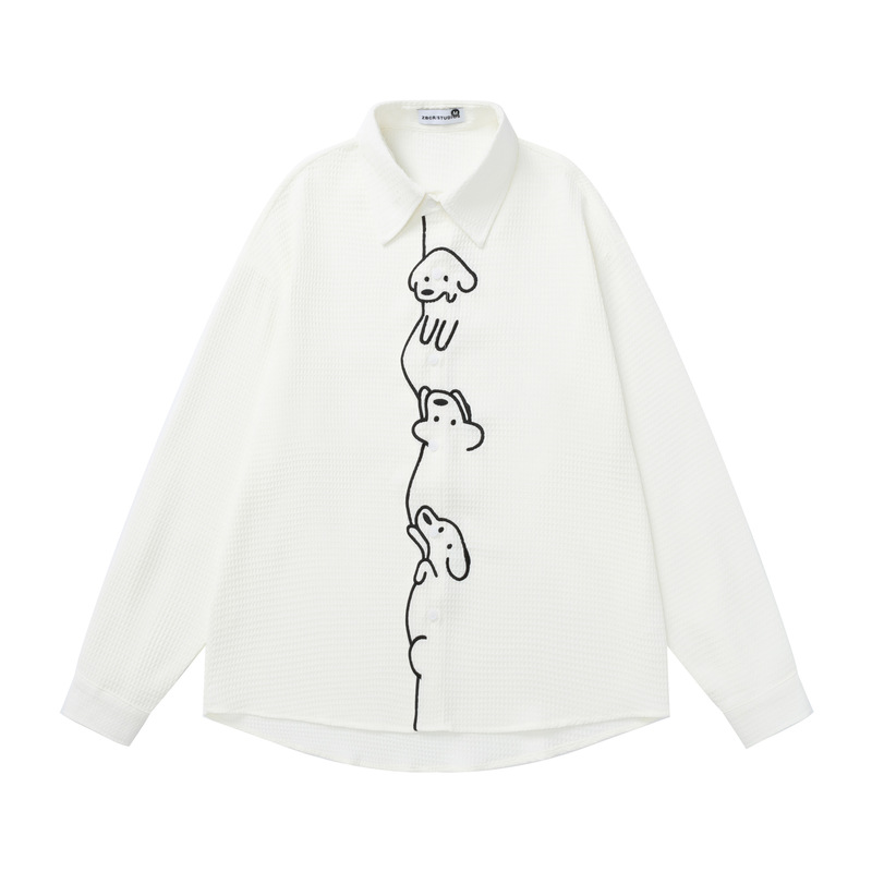 Special Fabric Cardigan for Men and Women, Autum Waffle Long-Sleeved Shirt, Personalized Puppy Embroider, Simple White Top