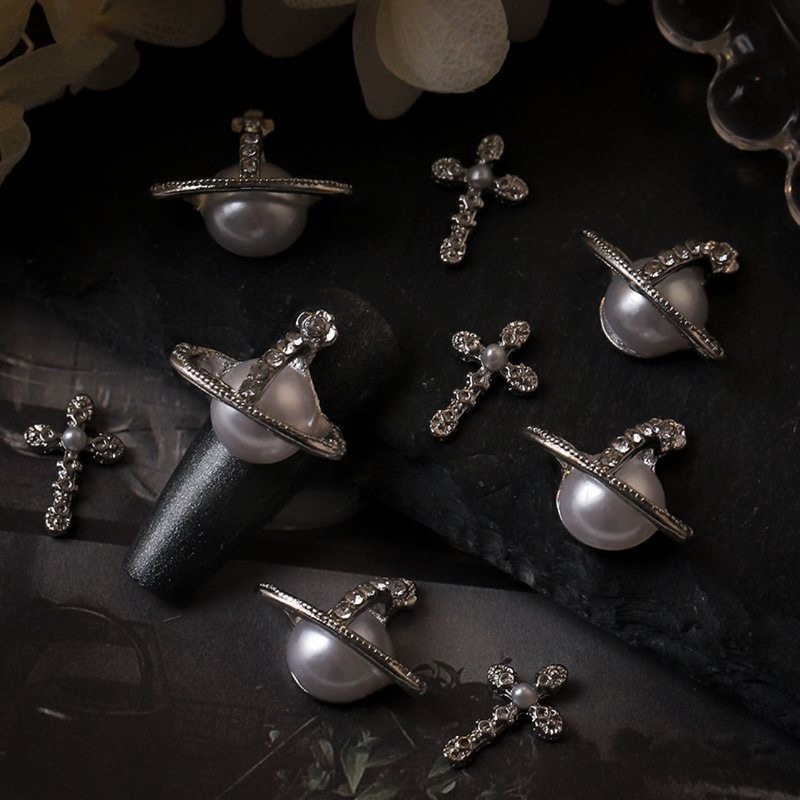 Manicure Jewelry Empress Dowager LZ Same-style Saturn Pearl Cross Nail Plating Pearl Drill Manicure Jewelry Explosions