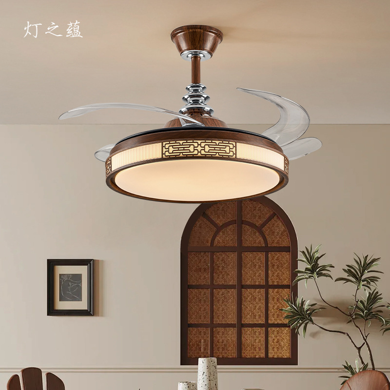 New Chinese Style Fan Lamp Invisible Ceiling Fan Lamp Home Living Room Dining Room Bedroom Study Dining Table Medieval Integrated Fan Lamp