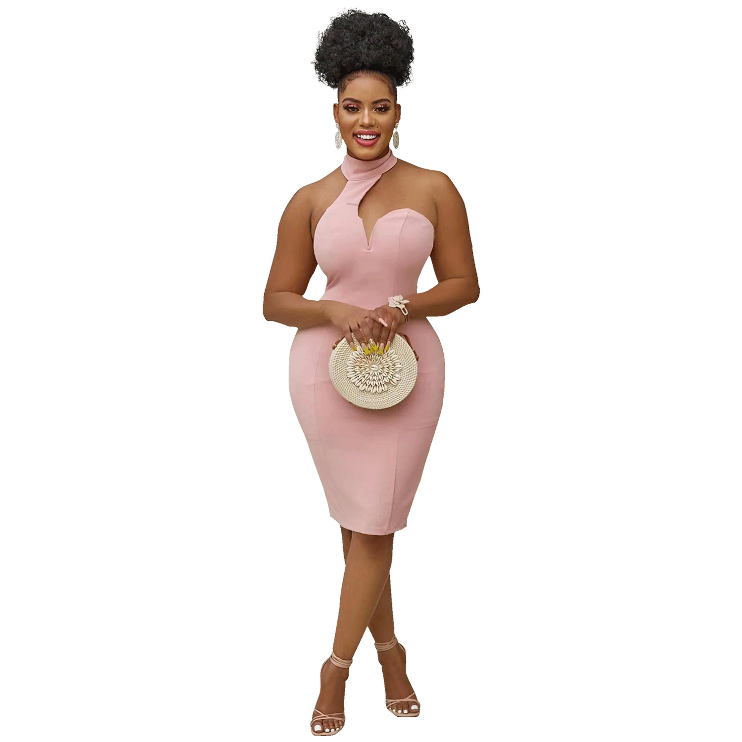X5996 transfronterizos AliExpress Amazon europeo y americano de la moda de las mujeres color sólido cuello colgante envuelto pecho vestido sin mangas image 7