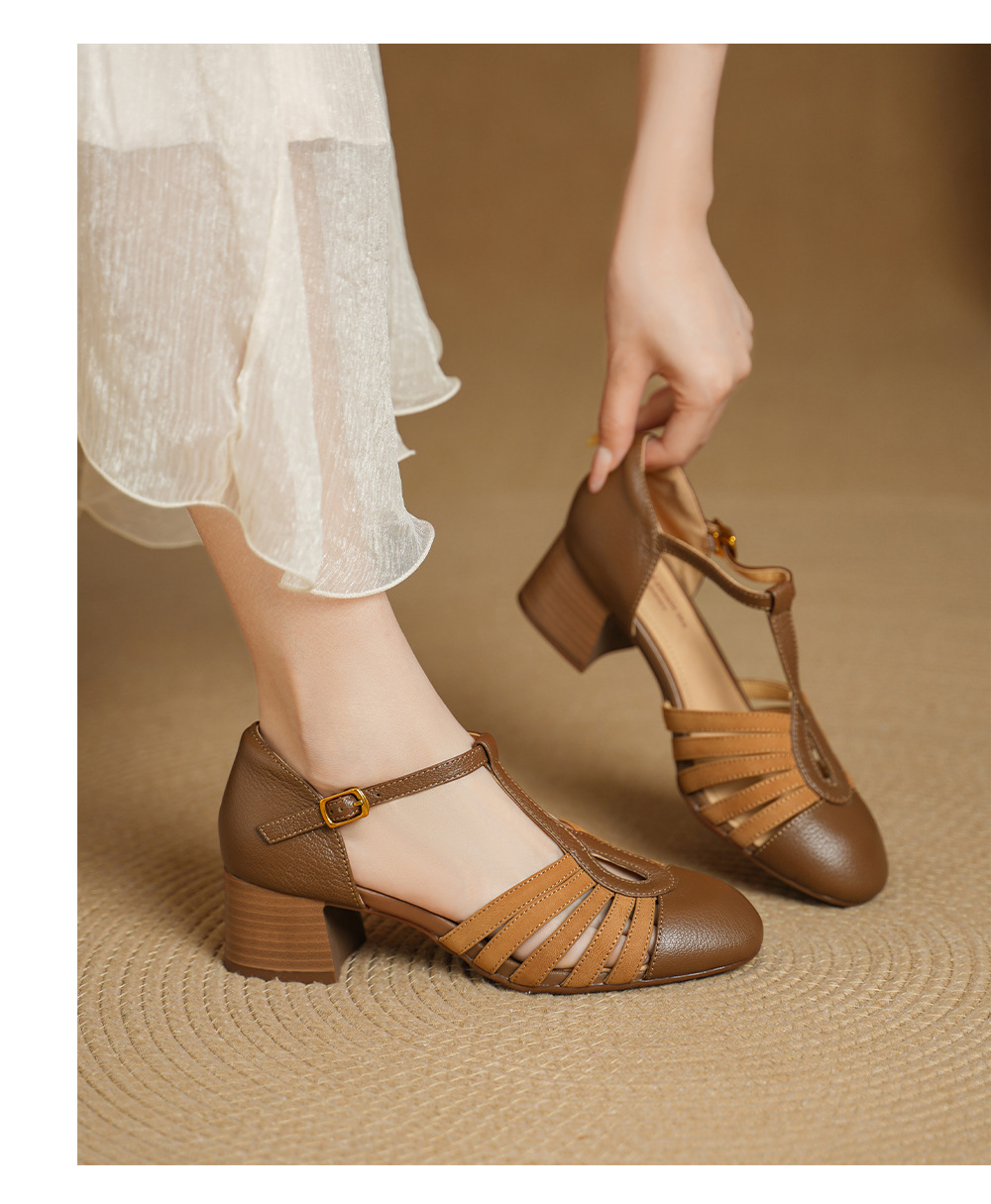 Sandal nữ da cừu bện quai chữ T mũi kín gót 4 cm — đen chi tiết 10