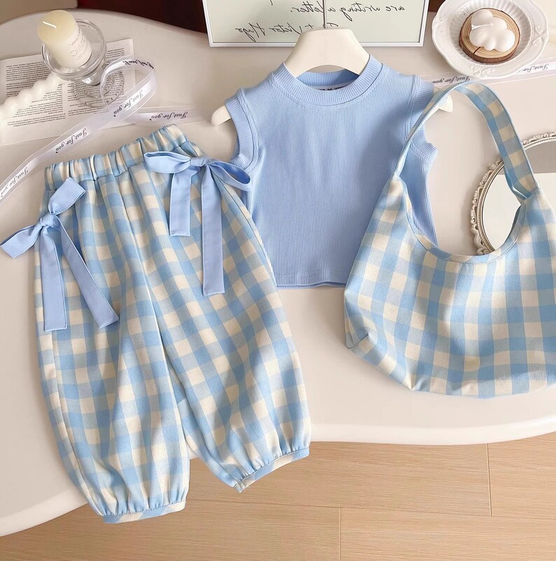 2026 New Summer Clothing for Girls, Blue Plaid Suit, Sleeveless Top with Bow, Wide-Leg Pants and Shoulder Bag, Three-Piece Set