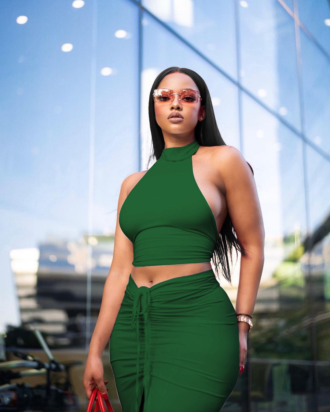 Summer Women Clothing Solid Color round Neck Cropped Backless Top Drawstring Mid Length Dress Set