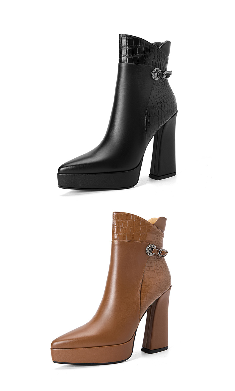 Boot nữ cổ thấp mũi nhọn da bò cao cấp gót siêu cao đế dày mùa thu đông — nâu, màu đen chi tiết 14