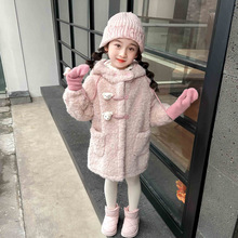 女童冬装毛毛衣女宝宝冬款加绒加厚连帽外套儿童冬季洋气时髦棉衣