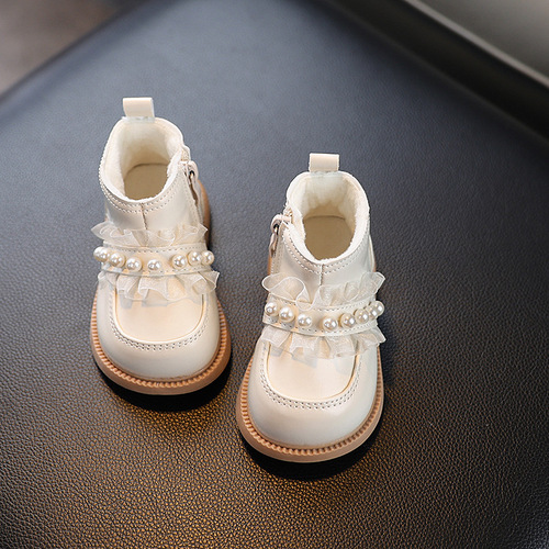 Baby girl short boots for infants and young children, soft soled learning to walk shoes, winter lined cotton shoes, little princess mini leather shoes, Martin boots