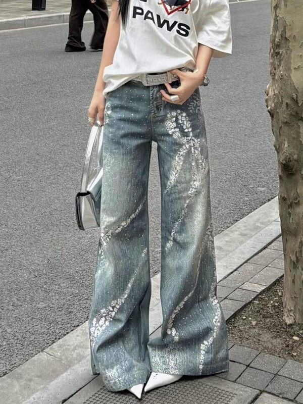 美式街头大码水洗复古满钻印花设计牛仔裤女宽松直筒显瘦阔腿长裤|undefined