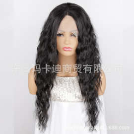 欧美假发女Front lace wig化纤前蕾丝中分分缝假发头套黑色长卷发