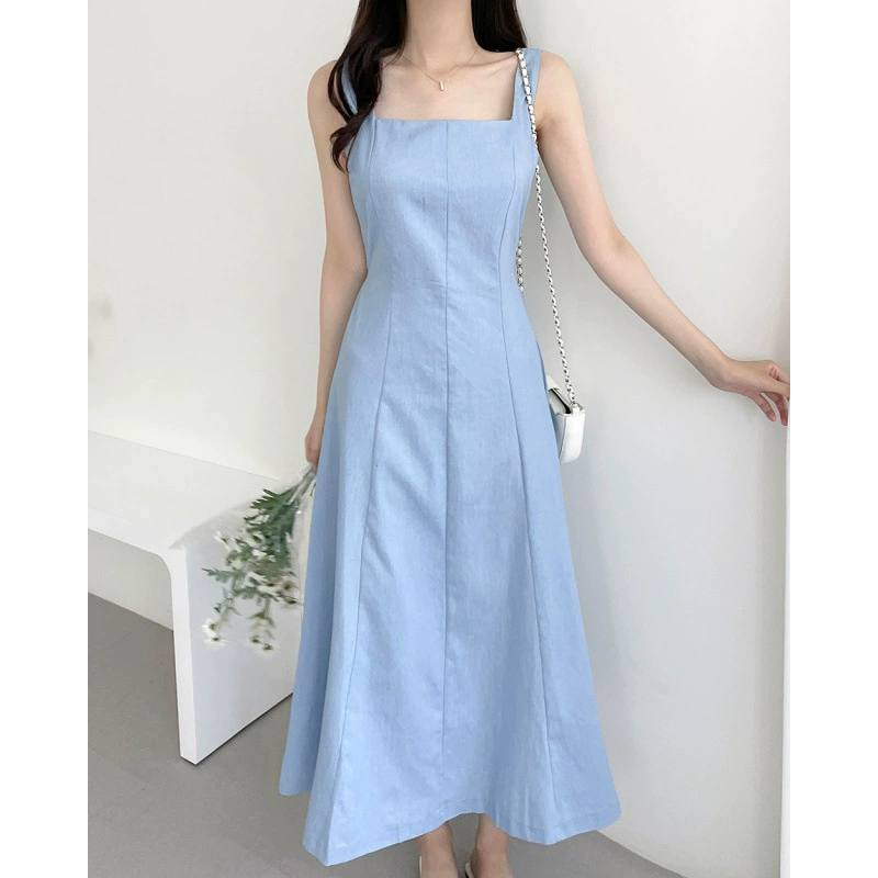 Длинное джинсовое платье в корейском стиле с квадратным вырезом и шнуровкой, в стиле французского шика.